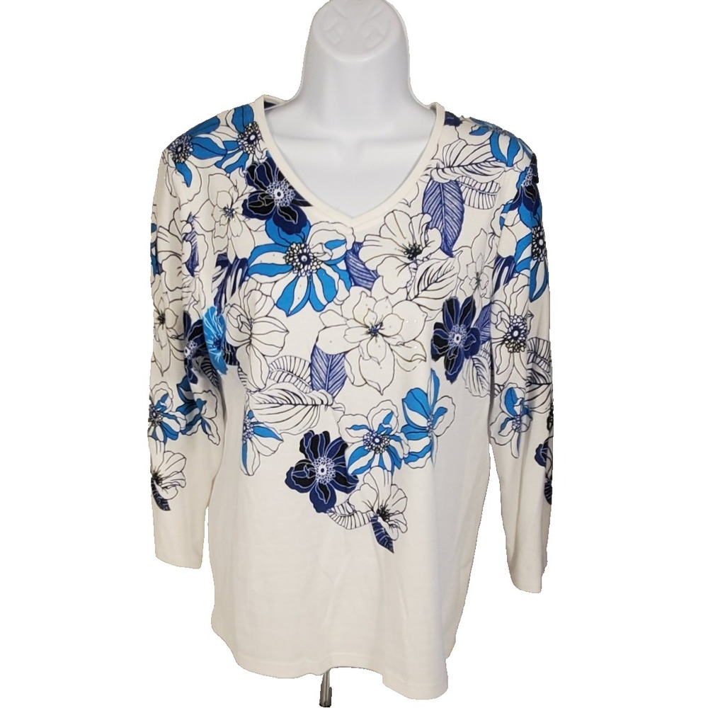 Allison Daley Women's M Top White Blue Floral Print 3/4 Sleeve Shirt‎